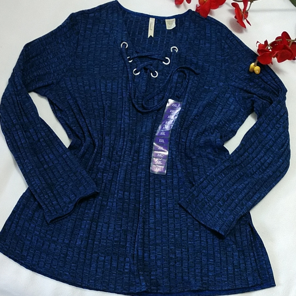 NEW Sweater Tunic Lace Up Grommet Navy Blue Split Side Soft Women's Chenault XXL - Picture 3 of 8